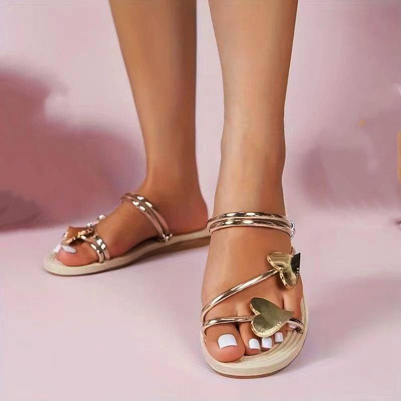 Open Toe Heart-Shaped Flat Slides Sandals