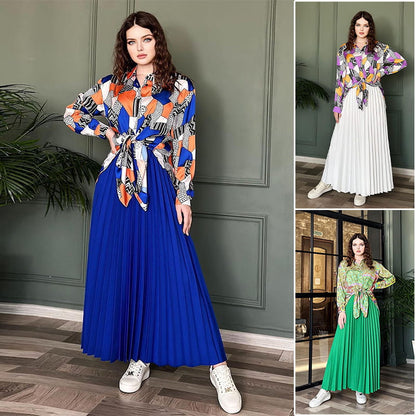 🔥Limited time 50% off🔥Muslim Style Print Shirt and Pleated Long Skirt Set