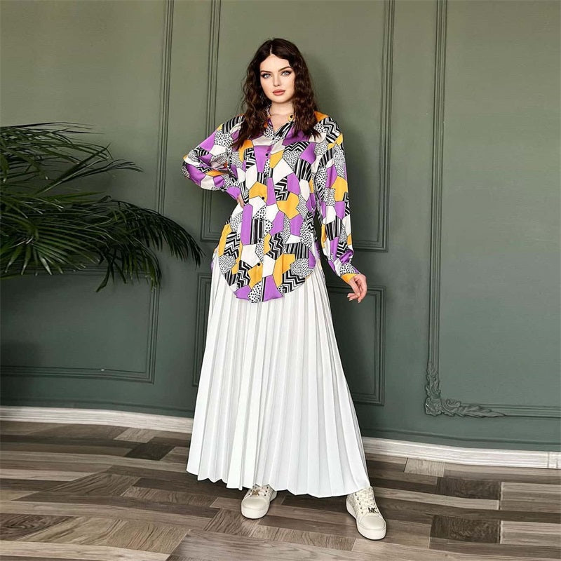 🔥Limited time 50% off🔥Muslim Style Print Shirt and Pleated Long Skirt Set