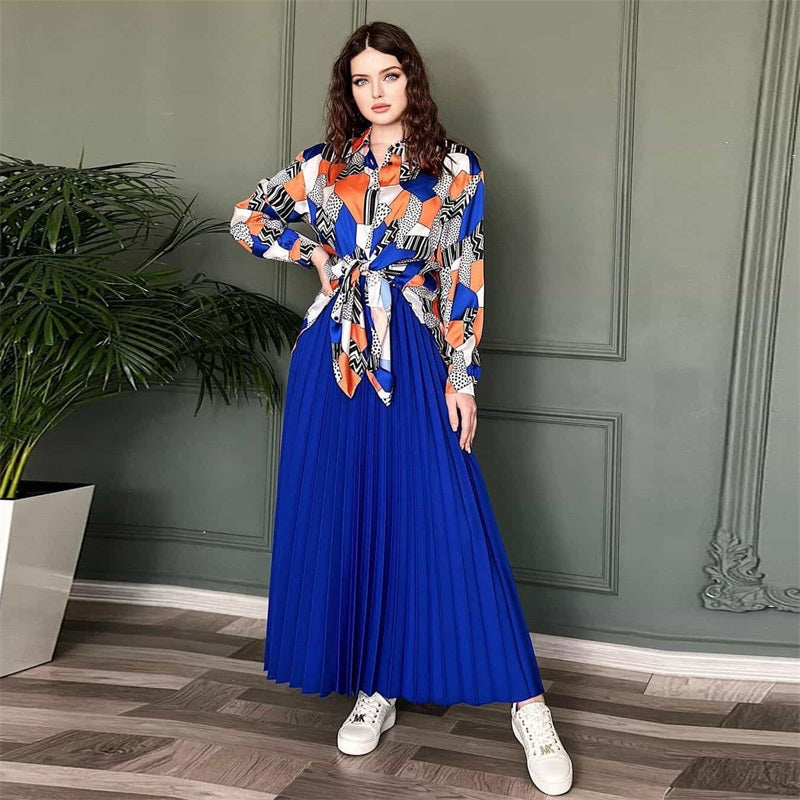 🔥Limited time 50% off🔥Muslim Style Print Shirt and Pleated Long Skirt Set