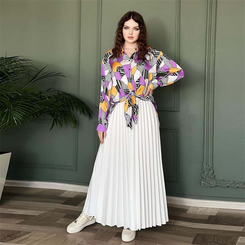 🔥Limited time 50% off🔥Muslim Style Print Shirt and Pleated Long Skirt Set