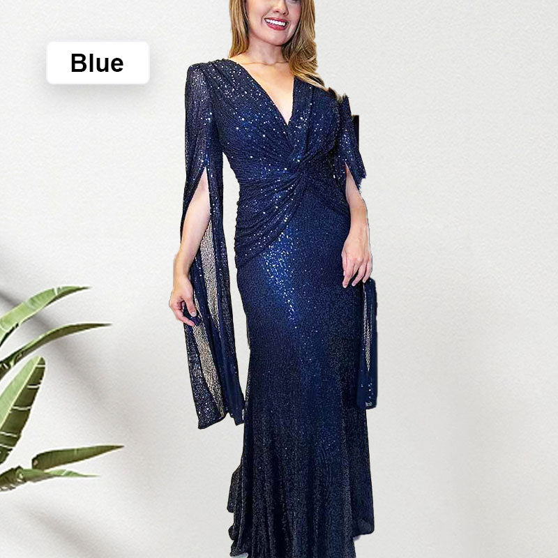 🔥🎅Xmas Sales - 50% OFF🎄🔥Sequined V-Neck Evening Dress with Pleated Hem