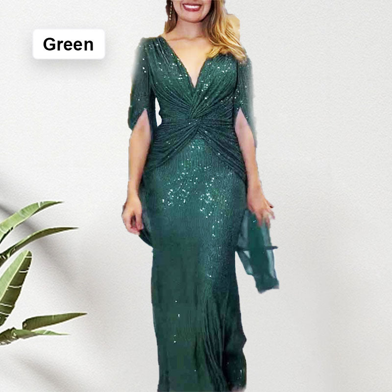 🔥🎅Xmas Sales - 50% OFF🎄🔥Sequined V-Neck Evening Dress with Pleated Hem