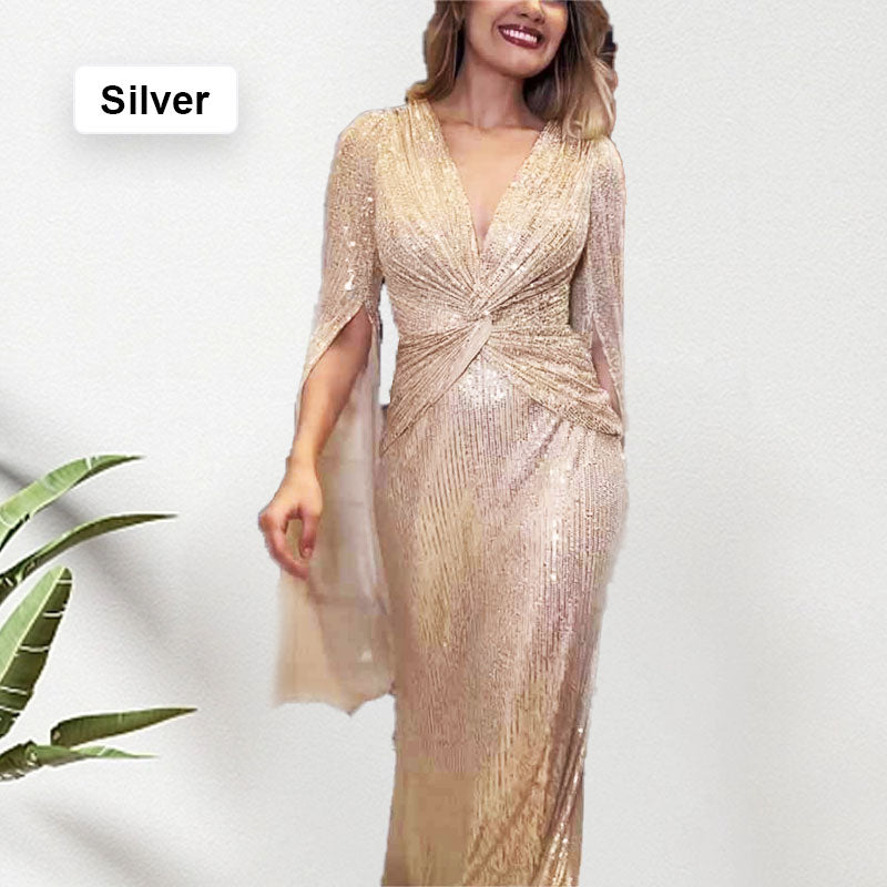 🔥🎅Xmas Sales - 50% OFF🎄🔥Sequined V-Neck Evening Dress with Pleated Hem