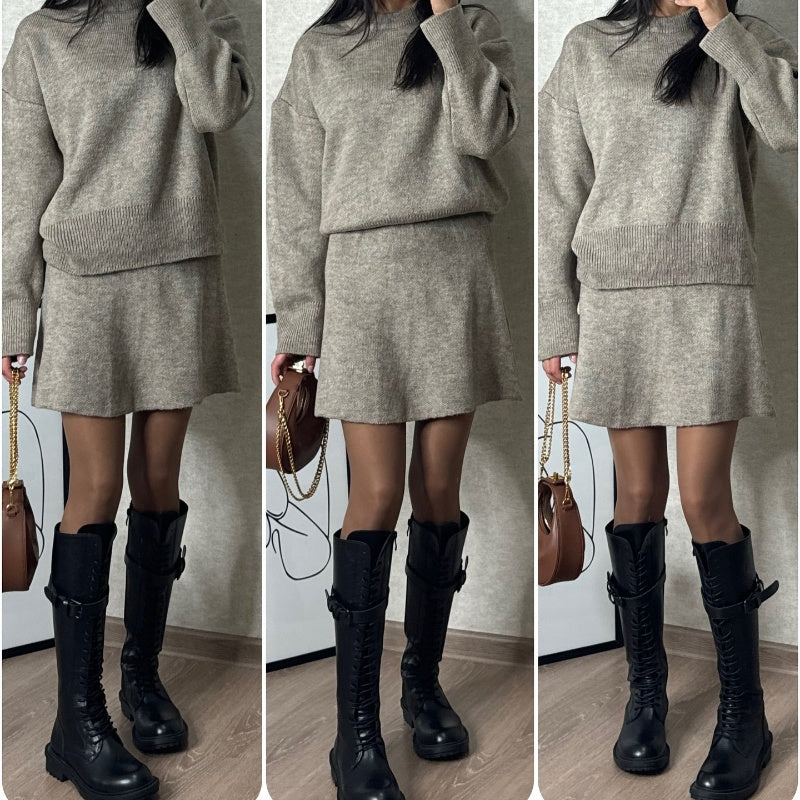 🍁2024 Autumn New Solid Color Casual College Style Knit Dress Set 👗🍂2-Piece Sweater Set: Long-Sleeve Top & Mini Skirt