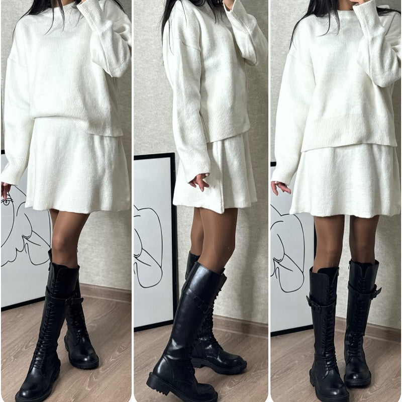 🍁2024 Autumn New Solid Color Casual College Style Knit Dress Set 👗🍂2-Piece Sweater Set: Long-Sleeve Top & Mini Skirt