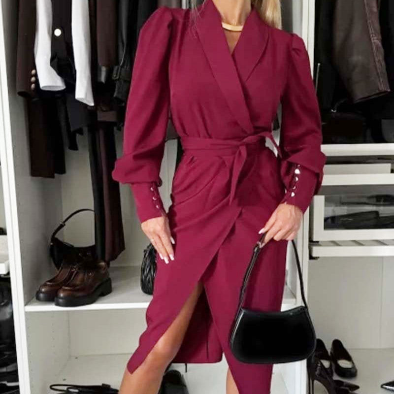 🔥🎅Xmas Sales - 50% OFF🎄🔥Women's Long-Sleeve V-Neck Tie Waist Split Dress