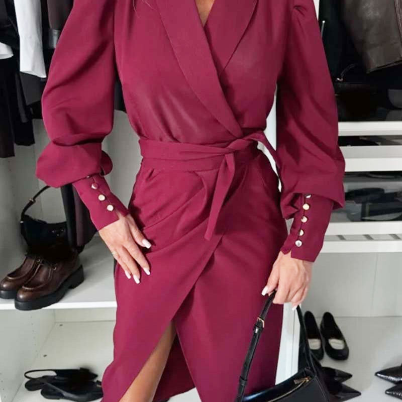 🔥🎅Xmas Sales - 50% OFF🎄🔥Women's Long-Sleeve V-Neck Tie Waist Split Dress