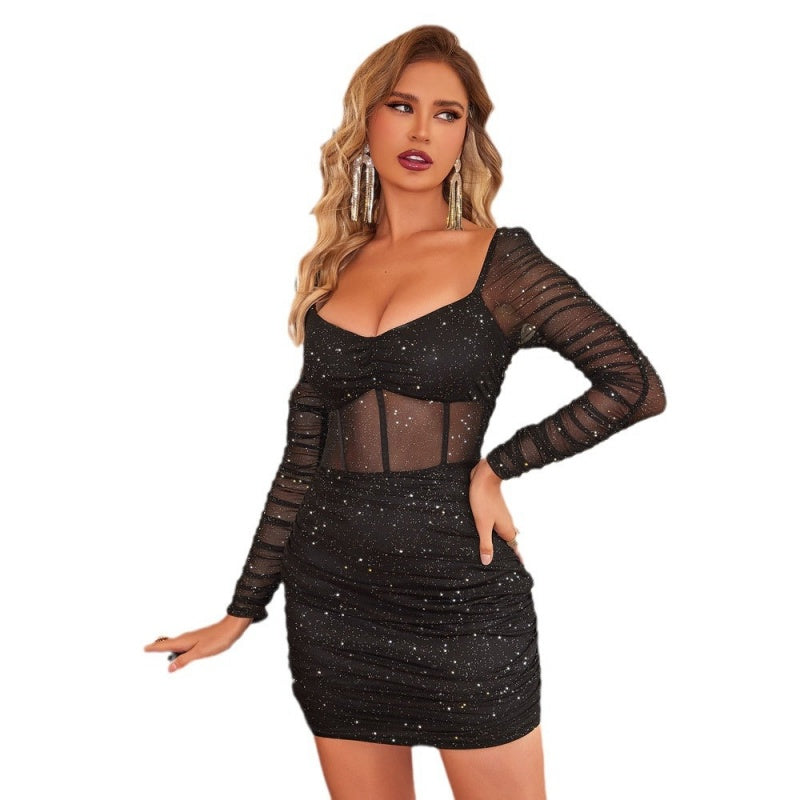 🔥🎅Xmas Sales - 50% OFF🎄🔥Women's Sexy Mesh Glitter Long Sleeve Mini Dress